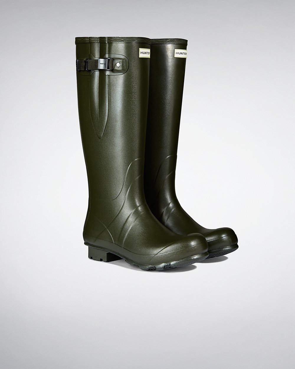 Mens Tall Rain Boots - Hunter Norris Field Side Adjustable Neoprene Lined (18FUKVROY) - Dark Olive